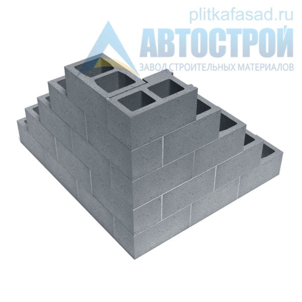 Блок бетонный стеновой КСР-ПР-ПС-39-100-F75-1100 (СКЦ) 240x190x390мм двухпустотный. Пример стены